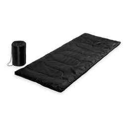 A black sleeping bag laid out beside a black storage sack. The sleeping bag features a quilted design.