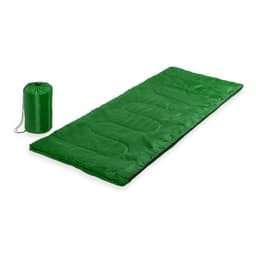 A green sleeping bag with a matching storage sack, laid out flat beside it. The bag features a textured surface.