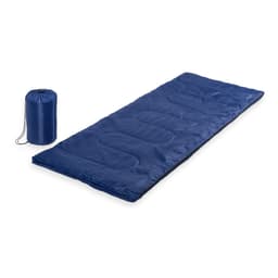 A blue sleeping bag displayed alongside its matching storage sack. The sleeping bag features a smooth surface and is rectangular in shape.