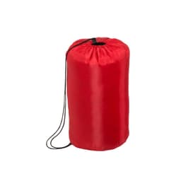 A red drawstring bag with a cinched top, featuring a black cord for closure. It has a smooth, shiny surface.