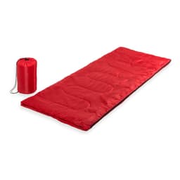 A red sleeping bag with a matching carry bag, featuring a smooth exterior and padded interior for comfort.