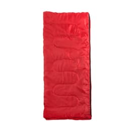 A red sleeping bag with a quilted design, featuring a black interior and no visible branding.