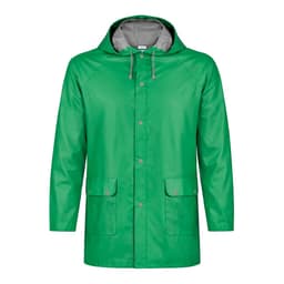 A green rain jacket with a hood, featuring two front pockets and a grey inner lining. It includes a logo on the chest.