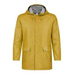 A yellow rain jacket with a grey lining and two front pockets, featuring a hood and snap buttons.