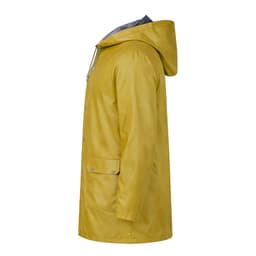 A yellow rain jacket with a hood and side pockets, featuring a logo.