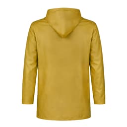 A yellow rain jacket featuring a hood and a sleek design. Includes a logo on the back.