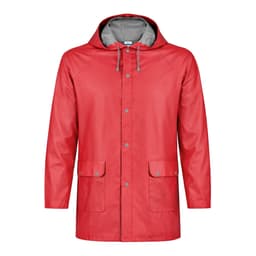 A red rain jacket with a grey interior, featuring a hood and two front pockets. It has a branding logo on it.