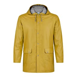 A yellow rain jacket with a hood and two front pockets, featuring a grey lining and a branding logo.