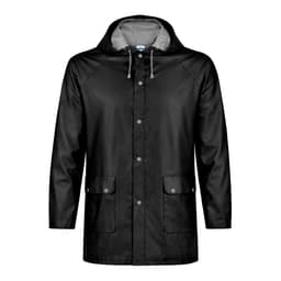 A black rain jacket with a hood, featuring a silver lining and front pockets, and includes a logo.