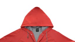 A red rain jacket with a grey interior and a hood, featuring a front opening and buttons. It has a logo on the inside.