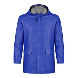 A blue rain jacket with a grey hood, featuring front pockets and a snap closure. It has a branding logo.