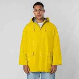 A man wearing a bright yellow rain jacket with a hood, featuring pockets and a grey lining.