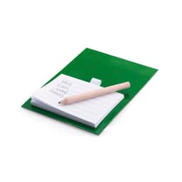 A green magnetic to-do list pad with a stack of white note sheets and a wooden pencil.