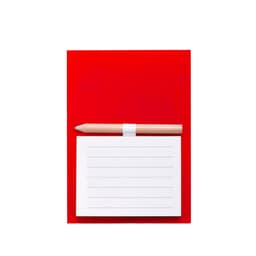 A magnetic to-do list with a red backing and a wooden pencil. It features a white notepad with lines.