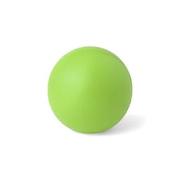 A bright green stress ball with a smooth surface, featuring a round shape.