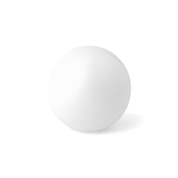 A white stress ball with a smooth, round surface, featuring a simple branding logo.