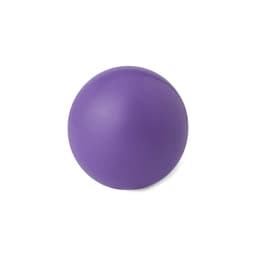 A round purple stress ball with a smooth surface, featuring a logo.