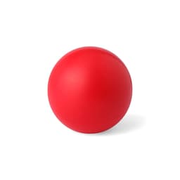 A red stress ball with a smooth, matte finish. It is round and features a simple design without any branding.