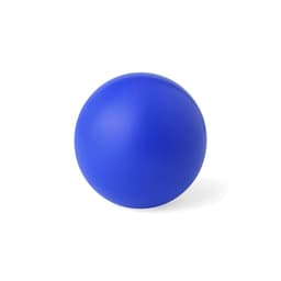A blue stress ball with a smooth, matte surface, featuring a logo on one side.