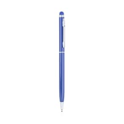 A blue ballpoint pen with a stylus tip and a silver clip. It features a sleek design and has a logo on it.