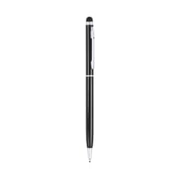 A black ballpoint pen with a stylus tip and silver accents, featuring a clip and sleek design.