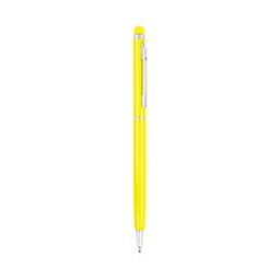 A yellow ballpoint pen with a sleek design and a silver clip, featuring a branding logo.
