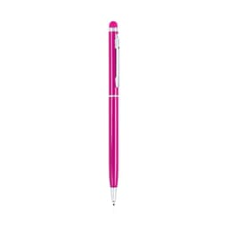 A pink ballpoint pen featuring a stylus tip and silver accents, with a logo on the barrel.