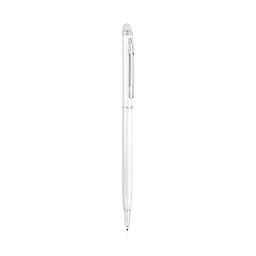 A white ballpoint pen with a stylus tip, featuring a silver clip and branding on the body.