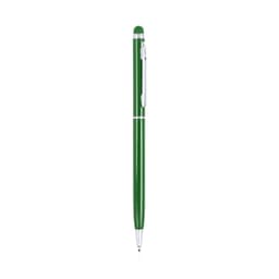 A green ballpoint pen with a stylus tip and a silver clip, featuring a sleek design and a glossy finish.