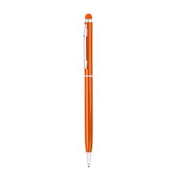 An orange ballpoint pen with a stylus tip and a silver clip, featuring branding on its body.