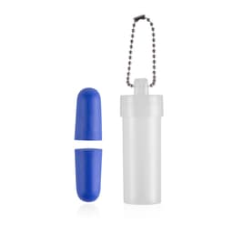 A white drink bottle with a blue cap and two blue silicone plugs, featuring a chain for attachment.