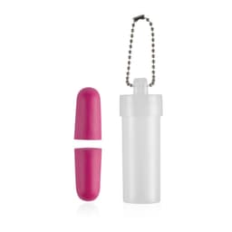 A drink bottle with a clear body and pink cap, accompanied by two pink attachments. There is a chain attached.
