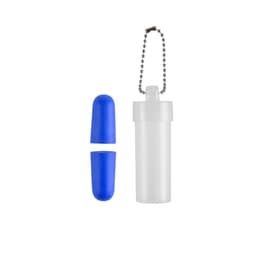A clear drink bottle with a blue cap and a blue silicone cover, featuring a keychain attachment.