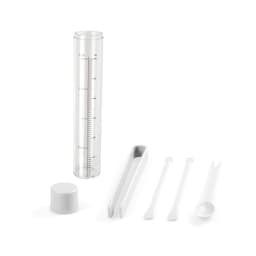 A clear measuring cylinder with a white cap, tweezers, a stirrer, and a spoon, all in white.
