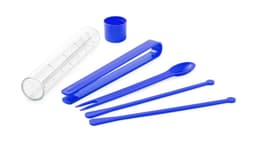 A blue cocktail set including a measuring cylinder, spoon, tweezers, and stirrers, presented with a storage cap.