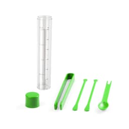 A transparent measuring cylinder with green accessories, including a cap, tweezers, and measuring tools.