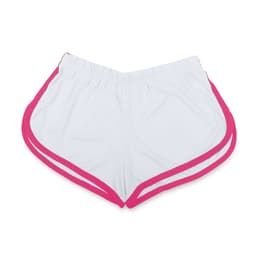 A pair of white dress shorts with pink trim and side detailing, featuring an elastic waistband and a logo.