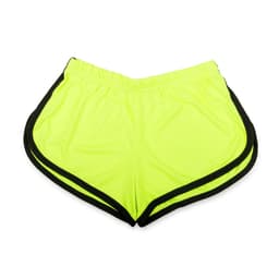 Vibrant yellow dress shorts with black trim, featuring an elastic waistband. Suitable for casual wear.