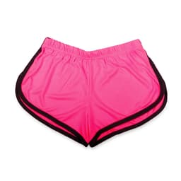 Bright pink dress shorts with black detailing, featuring an elastic waistband and a lightweight design. Includes a logo.