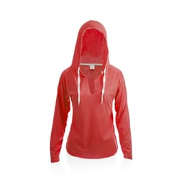 A coral long-sleeve T-shirt with a hood and a shallow neckline, featuring a logo.