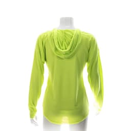 A bright lime green t-shirt with long sleeves and a hood, displayed on a mannequin from the back.