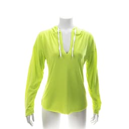 A bright yellow hooded T-shirt with long sleeves, featuring a V-neck and white drawstrings. It has a logo visible.