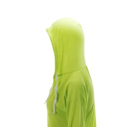 A bright lime green T-shirt with a hood, featuring a front kangaroo pocket and white drawstrings.