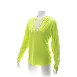 A bright yellow hooded T-shirt with long sleeves and a v-neck design, featuring a logo on the front.