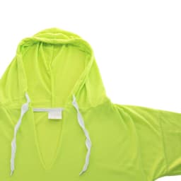 A bright yellow-green t-shirt with a hood, featuring long sleeves and a v-neck design. It has a logo on it.