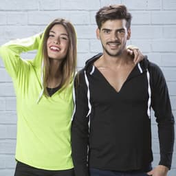 A bright lime green hooded T-shirt paired with a black hooded T-shirt, both featuring drawstrings and a branding logo.