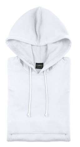 A white adult technical sweatshirt with a hood, featuring a branding label.