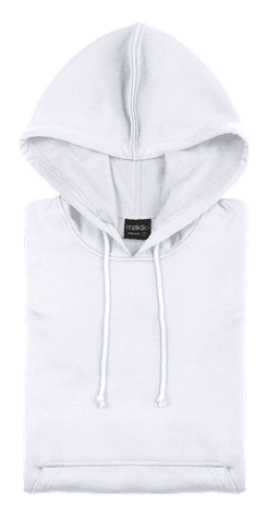 A light grey hoodie with a front pocket and drawstring hood, featuring a logo on the label.