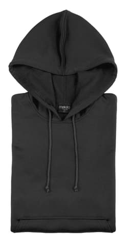 A black adult technical sweatshirt with a hood, featuring a front kangaroo pocket and a drawstring.