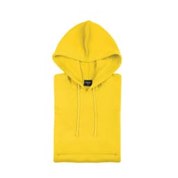 A yellow hoodie folded neatly, featuring a drawstring hood and a front pocket. It includes a logo on the label.